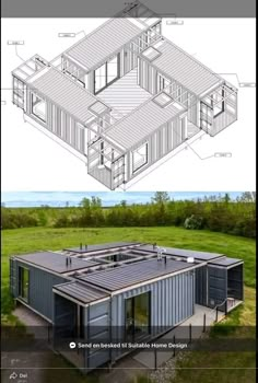 an image of a house in the middle of a field with plans and measurements on it