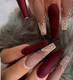 Burgundy Acrylic Nails, Burgundy Nail Designs, Winter Nail Ideas, White And Silver Nails, White Glitter Nails, Homecoming Nails Acrylic, Fall Acrylic Nails, Coffin Shape Nails, Burgundy Nails