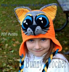 Crochet Pattern, Hat Pattern, Crochet Hat, Child Animal Hat, Cat Hat Pattern, Beanie and Earflap Pattern, Animal hat pattern, Child Hat Very detailed unique crochet pattern with plenty of photos and description of every steps, consists of 45 pages!    You also can print separately brief description of this crochet pattern for each size (at the end of this tutorial). ♥ This Children Cat Animal Hat with Large Eyes is so fun to make, and even more fun to wear!  This crochet cat hat is suitable for boys and girls of all ages! It has earflaps, cat ears, nose, eyes, cheeks - full cute 3D muzzle of the cat)) You can make this crochet  animal hat in any colors suitable for boys and girls and you can make it from any yarn- from acrylic till woolen. This kids animal hat will be perfect for fall, win Cat Crochet Hat, Kids Animal Hats, Cat Hat Pattern, Kids Hats Patterns, Kat Haken, Hat Pattern Crochet, Crochet Animal Hats, Reverse Single Crochet, Crochet Cat Hat