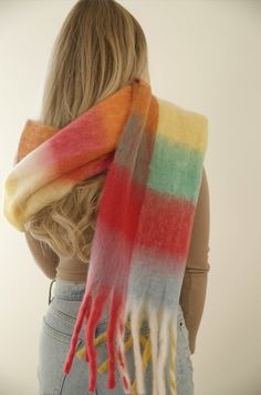 Acne Scarf, Scarf For Winter, Fuzzy Scarf, Rainbow Plaid, Checkered Scarf, Rainbow Scarf, Oversized Blanket, Scarf Outfit, Fall Scarves