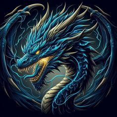 a blue dragon with yellow eyes on a black background