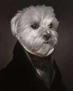 a painting of a white dog wearing a black suit and bow tie with his eyes wide open