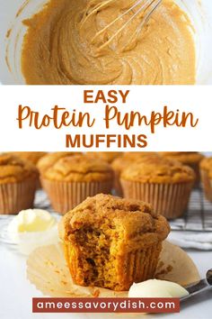 an easy pumpkin muffin with a bite taken out of it and the title text overlay reads easy protein pumpkin muffins