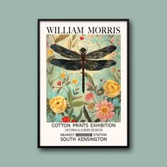 a poster with a dragonfly and flowers on it