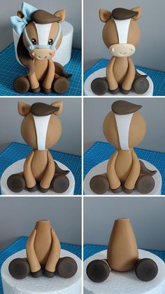 four pictures of a cake made to look like a horse