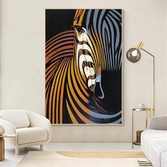 a living room with white furniture and a zebra painting on the wall above it's couch