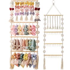 two wooden racks with different types of bows hanging from them