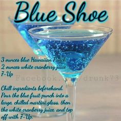 the blue shoe cocktail recipe is shown in two martini glasses