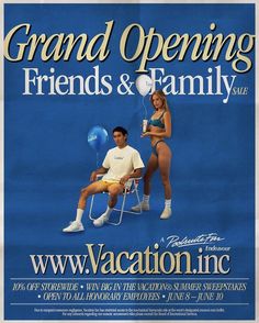 a man and woman sitting on a chair in front of a blue advertisement for vacation inc