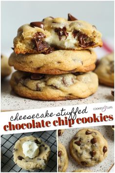 chocolate chip cookies are stacked on top of each other, with the words cheese - stuffed chocolate chip cookies above them