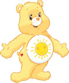 a yellow teddy bear holding a white plate with a smiley face on it's chest