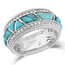 Fall in love with the stunning Montana Silversmiths� High Noon Cobblestone Ring. The beautiful shape and design lend a unique touch to any outfit. Accented with intricate roping and sparkling clear cubic zirconia crystals around the edges, this Montana Silversmiths women's ring features synthetic turquoise stones in a cobblestone design. Crafted from rhodium over a sterling silver base, the ring measures .38"W x .14"H. Mfrs. limited lifetime warranty. Manufacturer style #: RG5481TQ.  Intricate r Montana Silversmith Jewelry Turquoise, Montana Silversmith Jewelry Rings, Silver Western Rings, Montana Silversmith Jewelry, Western Rings, Silversmith Jewellery, High Noon, Forged Knife, Turquoise Stones