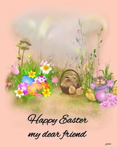 a happy easter card with an image of two rabbits in the grass and flowers on the ground