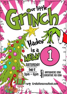 an image of a poster for the grinch's christmas party, featuring a tree and presents