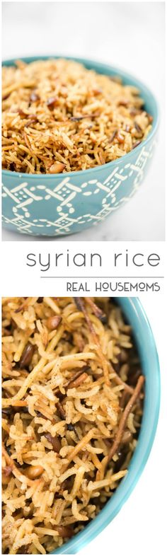 an image of some rice in a blue bowl with the words, surian rice real house