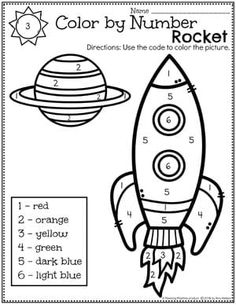 color by number rocket worksheet for kids to practice numbers 1 - 5 with space theme