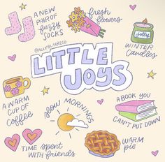 the words little joss surrounded by doodles and other things that are written in different languages