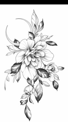 a black and white drawing of flowers with leaves on the bottom half of their petals