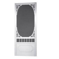 a white door with an ornate design on the front and side panel is shown against a white background