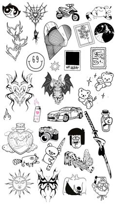 an assortment of tattoos and stickers on a white background with black ink, in the middle