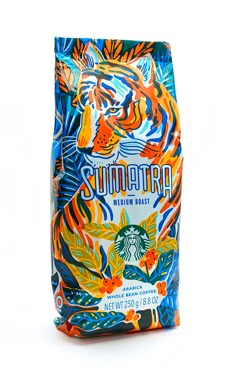 a bag of starbucks coffee with an image of a tiger on the front and side