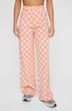 Made from sturdy cotton twill covered in a checkerboard print, these playful pants are designed with a high waist and baggy legs that pool at the hems. Exclusive retailer 32" inseam; 26" leg opening; 15" front rise; 18" back rise (size 14) Zip fly with button closure Five-pocket style 100% cotton Machine wash, line dry Imported Relaxed Fit Cotton Plaid Pants, Plaid Straight Pants For Summer, Gingham Cotton Pants, Casual Gingham Wide Leg Bottoms, Trendy Wide Leg Gingham Pants, Casual Wide Leg Gingham Bottoms, Trendy Plaid Pants For Summer, Plaid Straight Leg Cotton Pants, Casual Gingham Cotton Bottoms