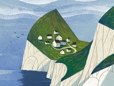 an illustration of houses on the edge of a cliff