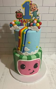 a birthday cake that is decorated with an image of a child's first birthday