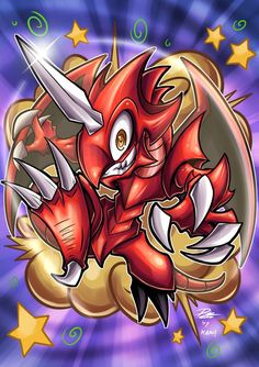 an image of a cartoon character with horns and claws on his head, surrounded by stars