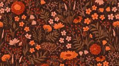 an orange and brown floral pattern on a dark background with red, white, and pink flowers