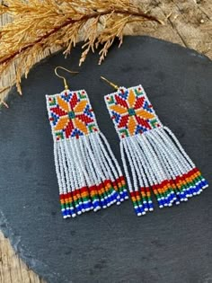 two pairs of beaded earrings sitting on top of a black rock next to a plant