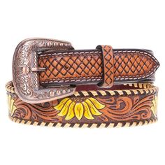 Ladies Rafter T Sunflower Belt Sunflower Belt, Tooled Belts, Cutesy Outfits, Beaded Belts Patterns, Brown Sunflower, Country Belts, Sunflower Cottage, Western Wardrobe, Buckle Bunny