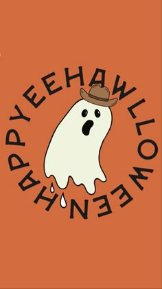 an orange background with a ghost wearing a hat and the words happy halloween on it