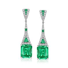 Ross-Simons - 12.60ct t. w. Simulated Emerald, .70ct t. w. Cubic Zirconia Drop Earrings in Silver. These luscious drop earrings are so rich-looking, with a price that's so right! 12.00 ct. t. w. simulated emeralds suspend from drops adorned by .60 ct. t. w. simulated emerald rounds, squares and triangles and .70 ct. t. w. round brilliant-cut CZs. Set in polished sterling silver. Hanging length is 1 5/8". Post/clutch, CZ and simulated emerald drop earrings. Carat weights are diamond equivalents. Emerald Drop Earrings, Emerald Earrings Drop, Emerald Birthstone, Colored Stone Rings, Mixed Metal Jewelry, Cz Jewelry, Faux Stone, Emerald Gemstone, Cute Earrings