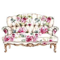 a watercolor drawing of a couch with pink roses on the armrests and back