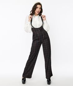 Unique Vintage Black & Orange Windowpane Thelma Suspender Pants - Unique Vintage - Womens, HALLOWEEN, BOTTOMS Suspenders Outfits, Overall Costume, Women In Suspenders, Lumberjack Outfit, Outfits With Suspenders, Suspenders Outfit, Suspender Jumpsuit, Uv Clothing, Smart Casual Wardrobe