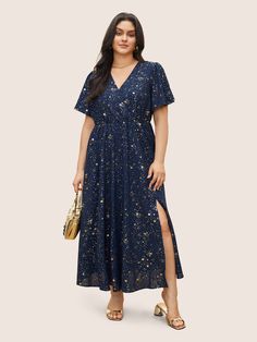 Bloom Dress - Star Button Pocket Wrap Split Ruffles Maxi Dress Dresses Glitter, Bloom Dress, Stars Dress, Star Buttons, Grad Dresses, Blue Stars, Cozy Vibes, Star Dress, Ruffled Maxi Dress