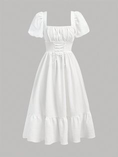 White Casual Collar Short Sleeve Woven Fabric Plain A Line Embellished Non-Stretch  Teen Girls Clothing Sleeves Ideas For Dress, Ruffled White Dress, Long White Dress Outfit Casual, Simple Dresses For Teens, Long White Dress Outfit, Teen Dresses Casual, White Dresses For Teens, Simple Dresses Casual