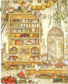 an illustration of a kitchen with lots of food on the counter and shelves full of items