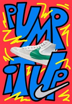 a pair of white sneakers with green and blue lettering on the bottom, in front of a red background