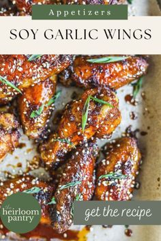 the cover of an appetizer's soy garlic wings recipe