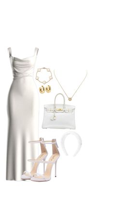 a woman in a white dress is wearing high heels and a handbag with her purse