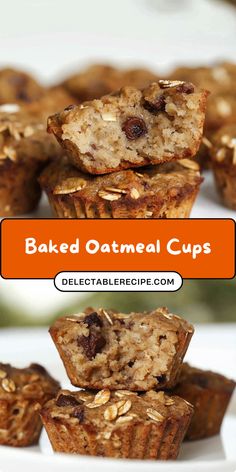 baked oatmeal cups stacked on top of each other with text overlay