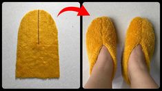 someone is making slippers out of yellow material