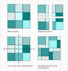 four different squares are shown in blue and white, with the same pattern on them