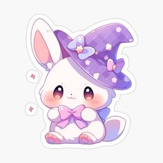 a cute rabbit with a purple hat and bow tie sticker on it's head