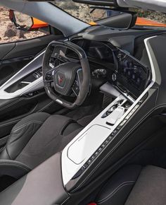 the interior of a sports car is shown