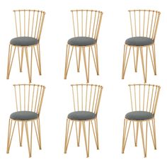 six wooden chairs with blue cushions on white background, set of four in natural wood and upholstered fabric