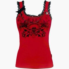 Skull Shirt Design, Skull Clothes, Queen Of Darkness, Lace Skull, Skull Top, Skull Clothing, Womens Camisoles, Skull Fashion, Red Tank