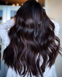 Off Black Balayage Hair, Mahogany On Black Hair, Dark Hair Beleyage, Brown Lowlights Straight Hair, Dark Hair With Lowlights Straight, Trendy Hair Colors For Black Hair, Dark Hair Reverse Balayage, Brown Hair With Subtle Red Highlights, Black Hair Burgundy Balayage